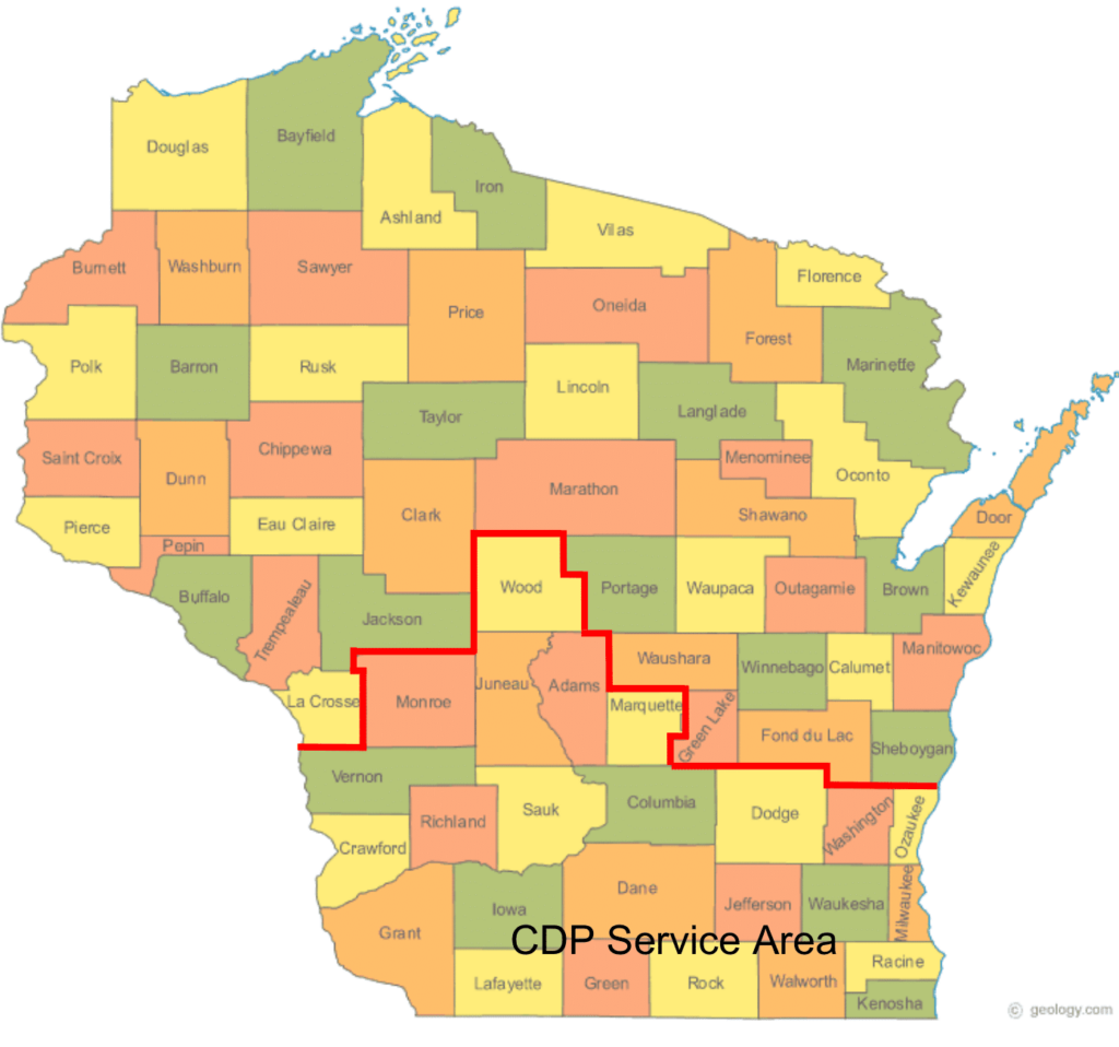 CDP service area covering 25 counties across Southern Wisconsin