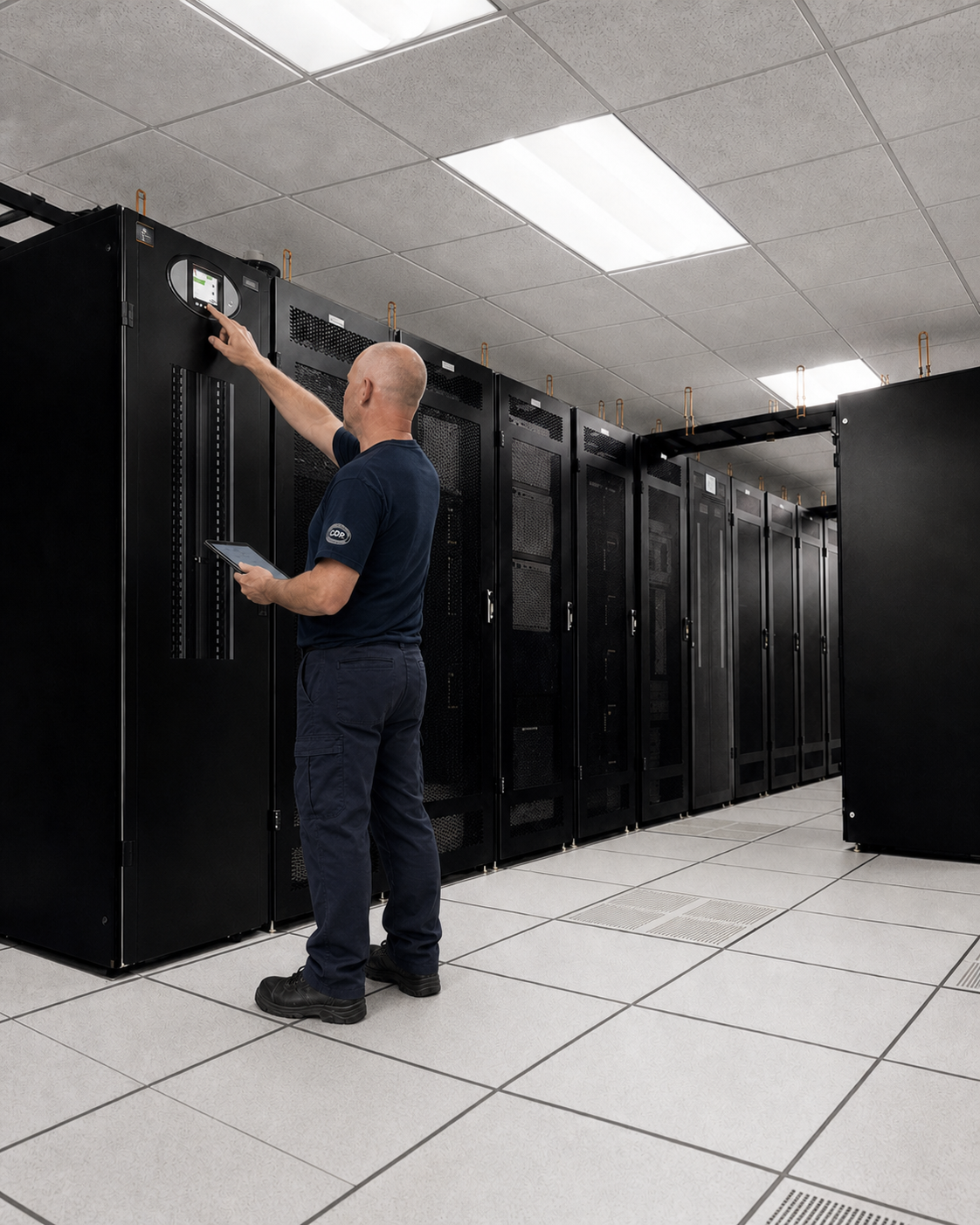 CDP field engineer inspecting equipment in a Southern Wisconsin server room